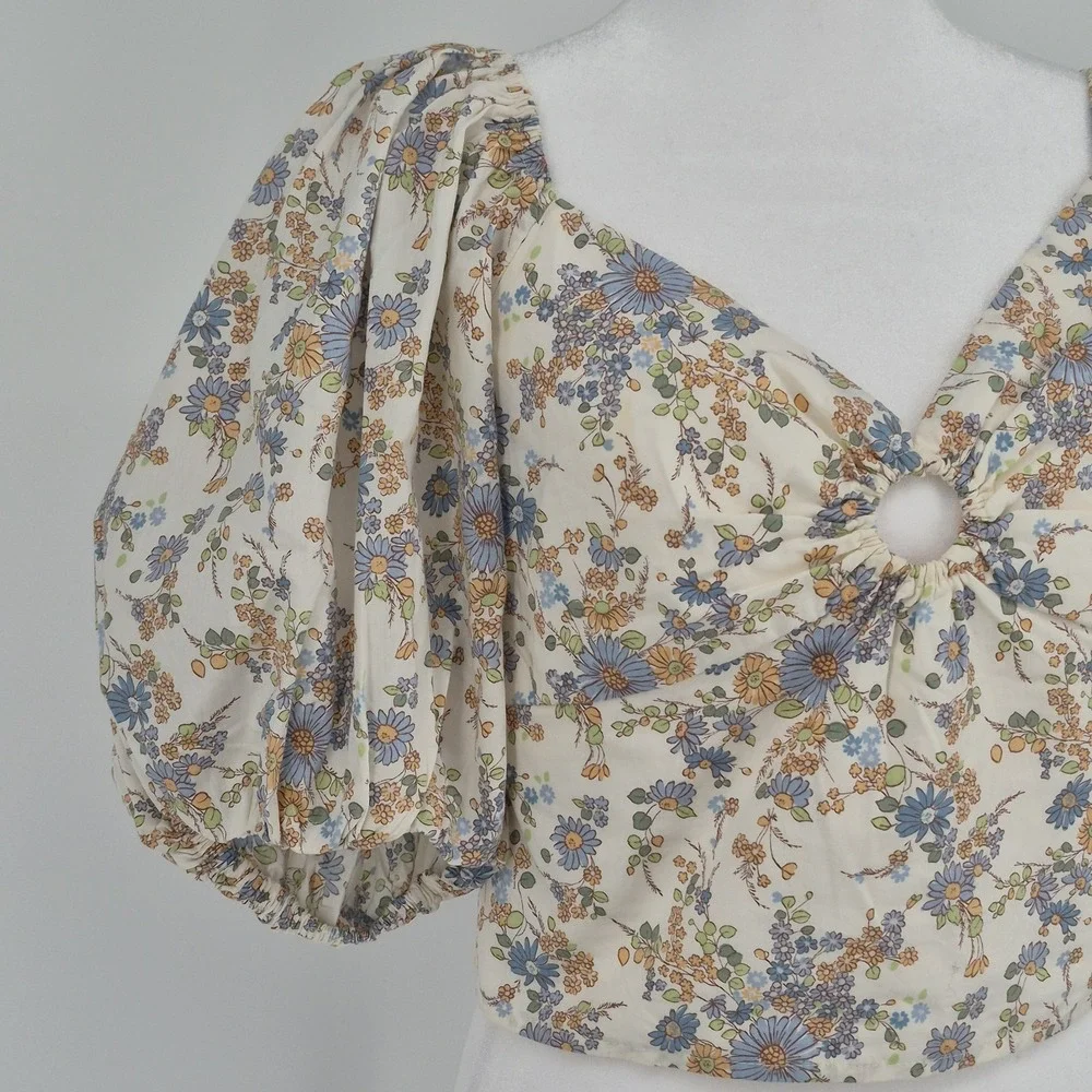 Abercrombie &‎ Fitch Floral Puff Sleeve Poplin O-Ring Crop Top Blouse Women's M